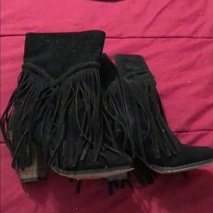 Black fringe mid calf boots